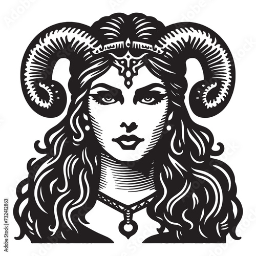 beautiful young woman with horns. Fantasy. Vintage retro engraving illustration. Black icon, isolated element	