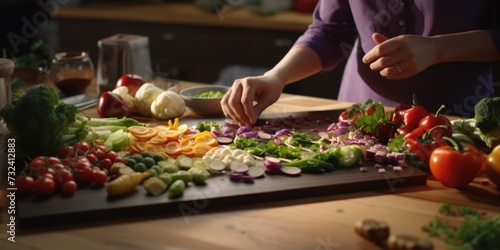 A person is seen cutting vegetables on a cutting board. This image can be used for various cooking and culinary-related projects