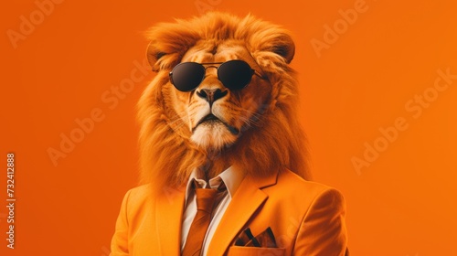 Lion dressed in a suit and sunglasses standing against an orange background. Perfect for business concepts or creative designs. © Fotograf