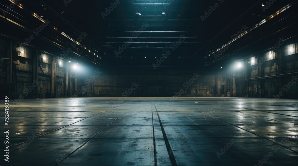 An image of a large empty warehouse with lights shining on the floor. This versatile picture can be used to depict various themes and concepts