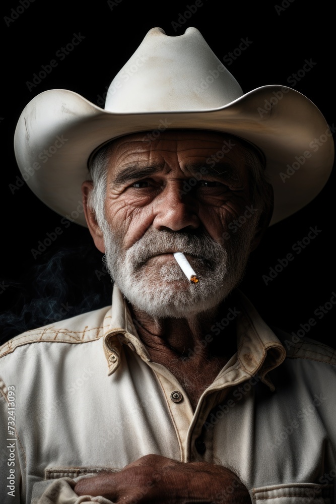 A man wearing a cowboy hat is seen smoking a cigarette. This image can be used to depict a rugged and rebellious character A man wearing a cowboy hat is seen smoking a cigarette. This image can be used to depict a rugged and rebellious character