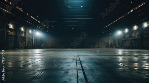 An image of a large empty warehouse with lights shining on the floor. This versatile picture can be used to depict various themes and concepts © Fotograf