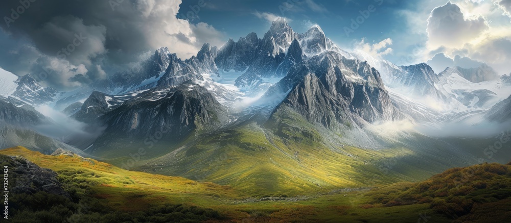 An art piece depicting a natural landscape with majestic mountains, a cloudy sky, and a peaceful grassland in the foreground.
