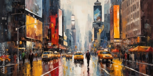 A painting depicting a busy city street filled with traffic. This artwork captures the vibrant energy and movement of urban life. Perfect for adding a dynamic touch to any space.