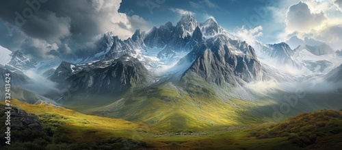 An art piece depicting a natural landscape with majestic mountains  a cloudy sky  and a peaceful grassland in the foreground.