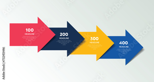 Four step arrow template for presentation. 4 steps options, elements, infographic.