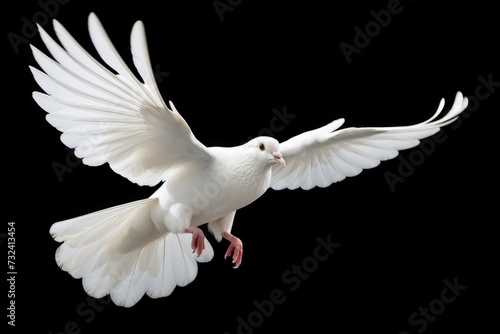 A white dove gracefully soaring through the air against a black background. Perfect for symbolizing peace, freedom, and hope. Ideal for various design projects