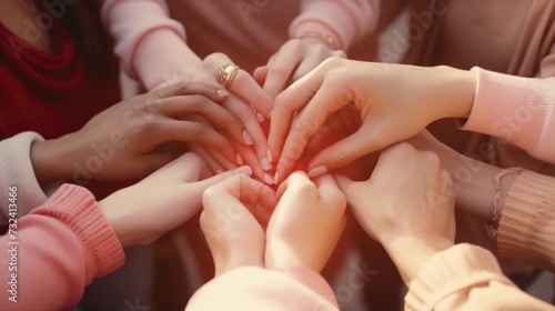 A group of individuals joining their hands together in unity. Can be used to represent teamwork, collaboration, or support