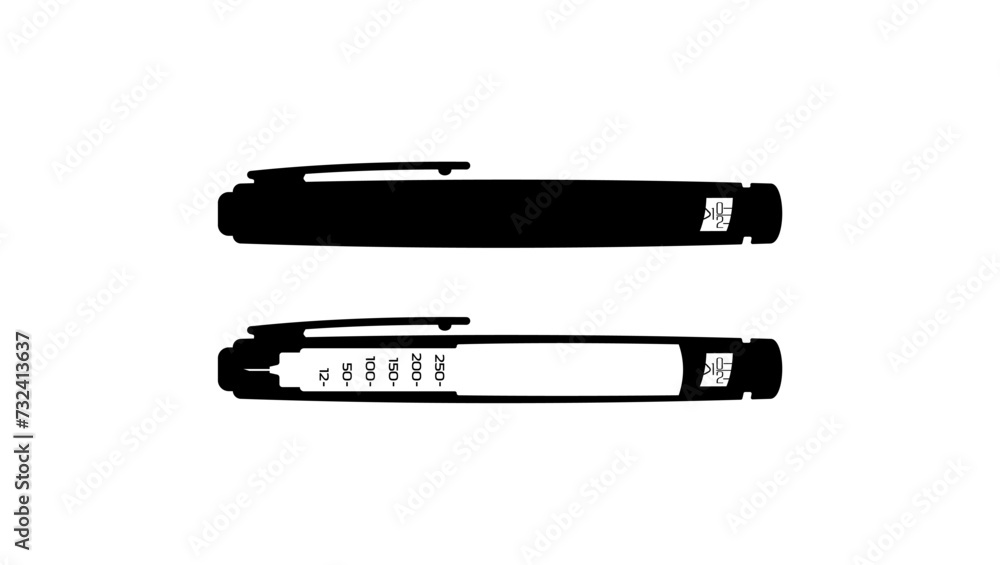 Insulin injection pen, black isolated silhouette Insulin injection pen, black isolated silhouette