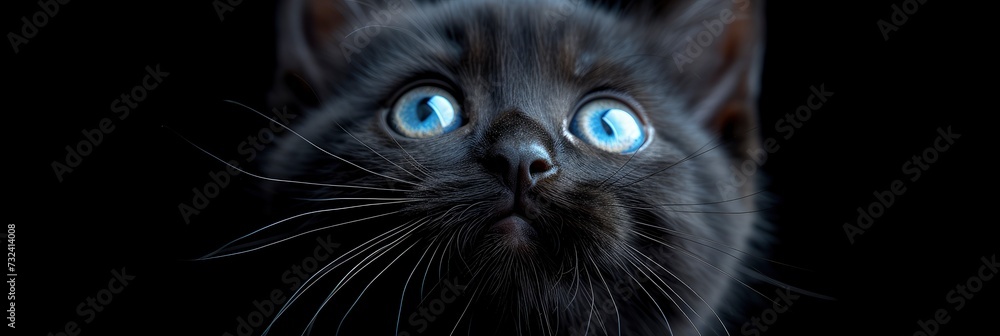 Black Playful Kitten Blue Eyes Close, Background Banner