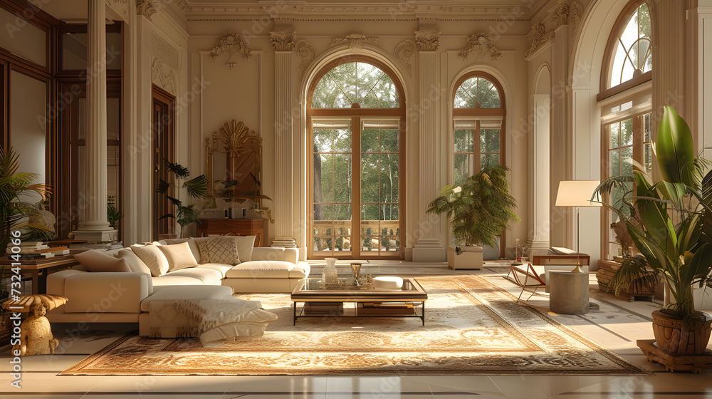 A German style living room with ornate gold details, large windows, and plush furniture.