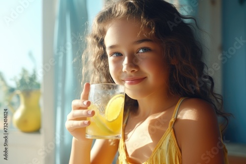 A young girl holds a glass of refreshing lemonade, perfect for a summer day. This image can be used to depict the joy of childhood or to promote a cool beverage photo