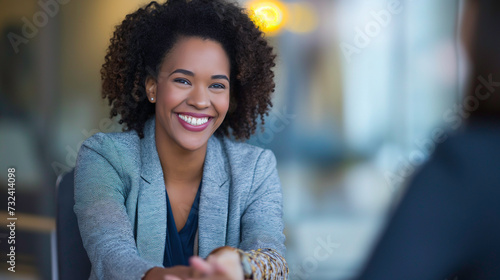 Happy mid aged business woman manager. Smiling female hr hiring recruiter at job interview, bank or insurance agent, lawyer making contract deal with client at work..