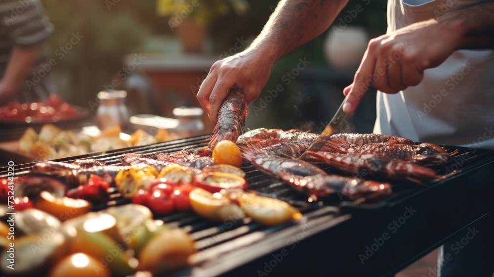 Close up shot of a person cooking food on a grill. Perfect for outdoor cooking or barbecue concepts