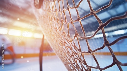 A detailed close up of a net on a hockey rink. Perfect for sports-related designs and hockey-themed projects photo