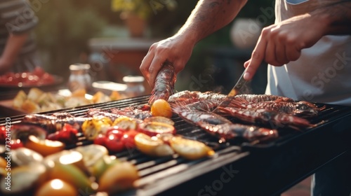 Close up shot of a person cooking food on a grill. Perfect for outdoor cooking or barbecue concepts