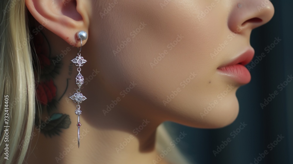 A close-up view of a woman wearing a pair of earrings. Perfect for fashion, beauty, and jewelry-related projects