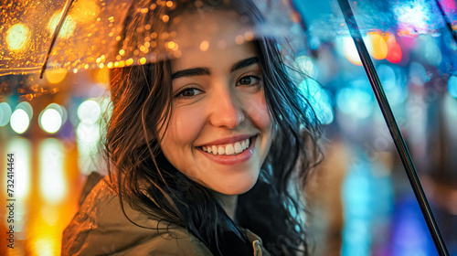 Joyful Young Lady Holding Clear Umbrella on a Luminous Rainy Evening in the City 
