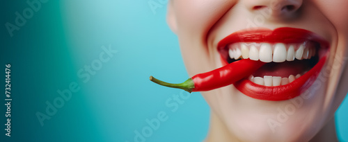 gros plan sur une bouche de femme qui serre un piment rouge entre ses dents - fond bleu