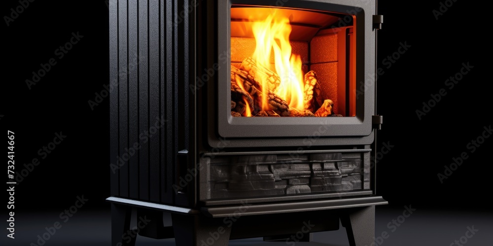 A wood burning stove in a dark room. Can be used to create a cozy and warm atmosphere A wood burning stove in a dark room. Can be used to create a cozy and warm atmosphere