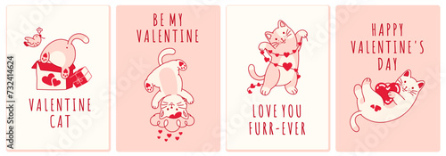 Collection of valentine cards with funny cats. Adorable pink and white postcards with greeting message. Cute kittens with red hearts.