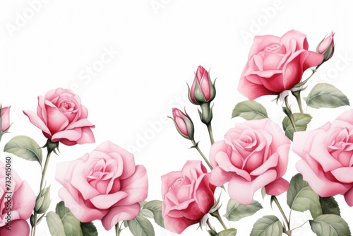 A group of pink roses with vibrant green leaves. Perfect for adding a touch of beauty and elegance to any floral arrangement or garden. © Fotograf
