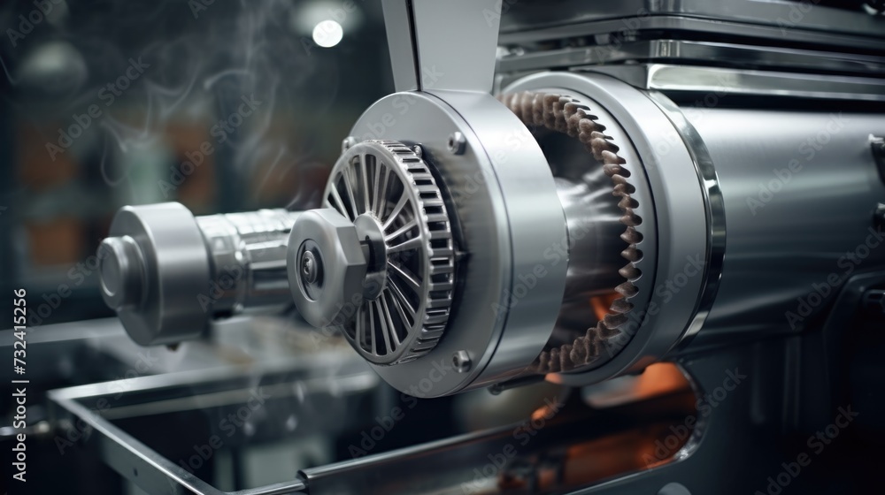 A detailed view of gears on a machine. This image can be used to depict mechanical processes and industrial machinery