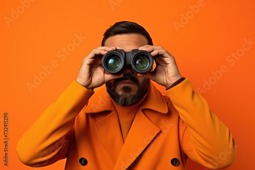 A man wearing an orange coat is looking through a pair of binoculars. This image can be used to depict observation, exploration, or surveillance