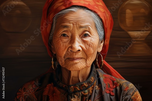 Picturesque Old chinese woman sunset. Soft asian beauty. Generate Ai