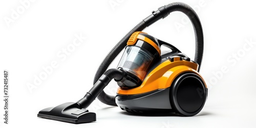 A vacuum cleaner with a hose is pictured on a white surface. This image can be used to illustrate cleaning, household chores, or home maintenance