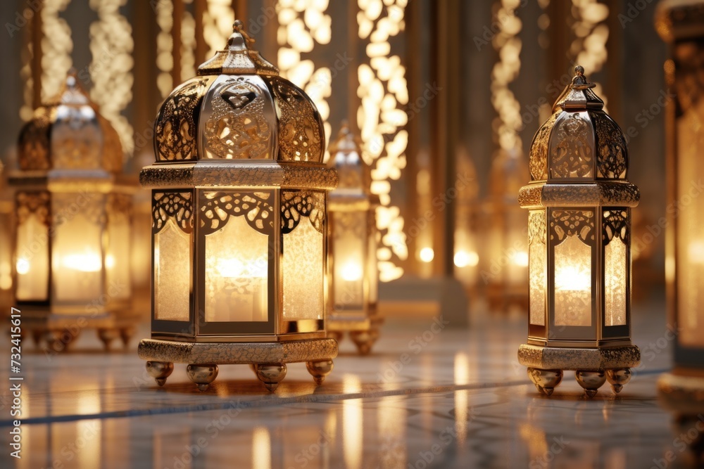 Gold lanterns arranged in a group on a beautiful marble floor. Perfect for adding an elegant touch to any space Gold lanterns arranged in a group on a beautiful marble floor. Perfect for adding an elegant touch to any space