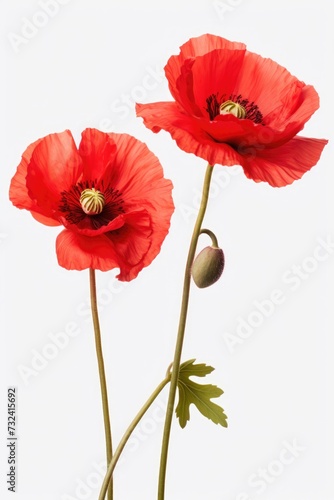 Two red poppies beautifully displayed on a clean white background. Perfect for floral themes and nature-inspired designs