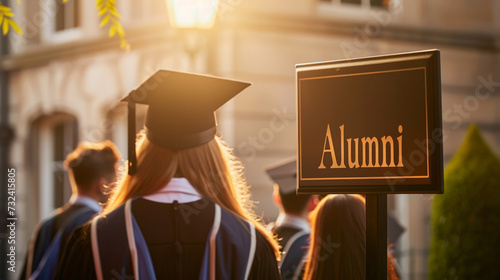 Alumni reunion concept image with sign alumni on college campus and graduated students with regalia and hat in background photo