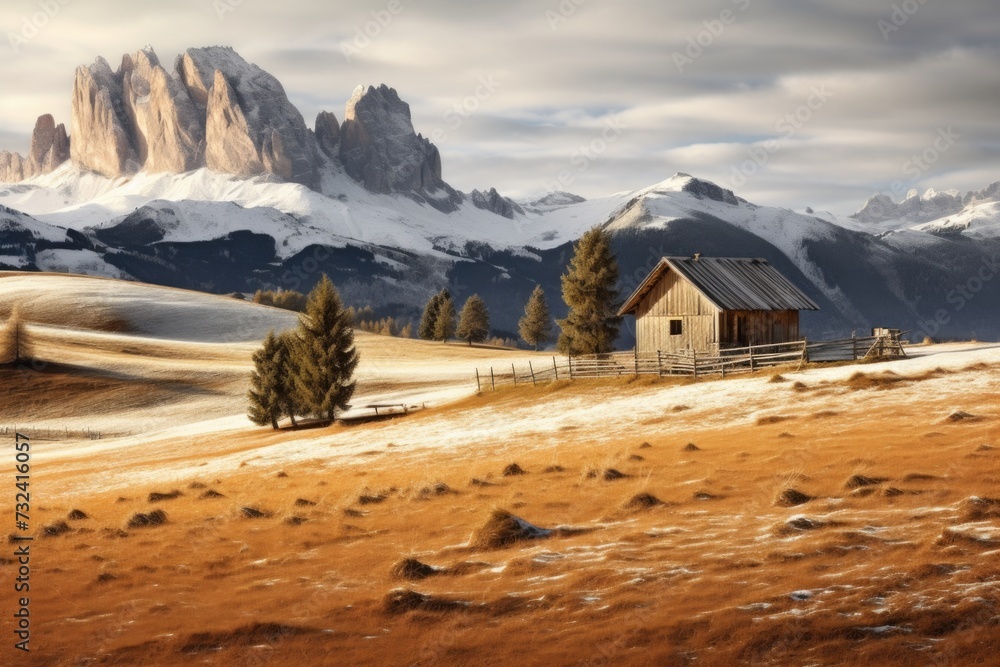 A painting of a house situated in a picturesque field with majestic mountains as the backdrop. Ideal for various uses