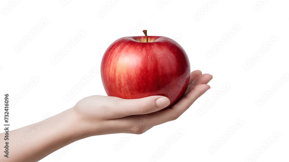 A person's hand holding a red apple against a white background. A person's hand holding a red apple against a white background.