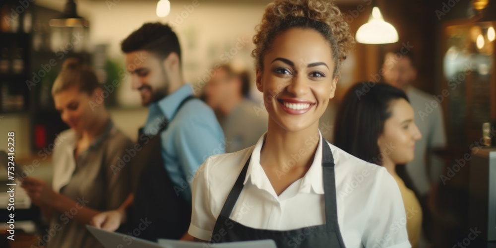 Obraz premium A woman wearing an apron holds a piece of paper. This image can be used for various purposes