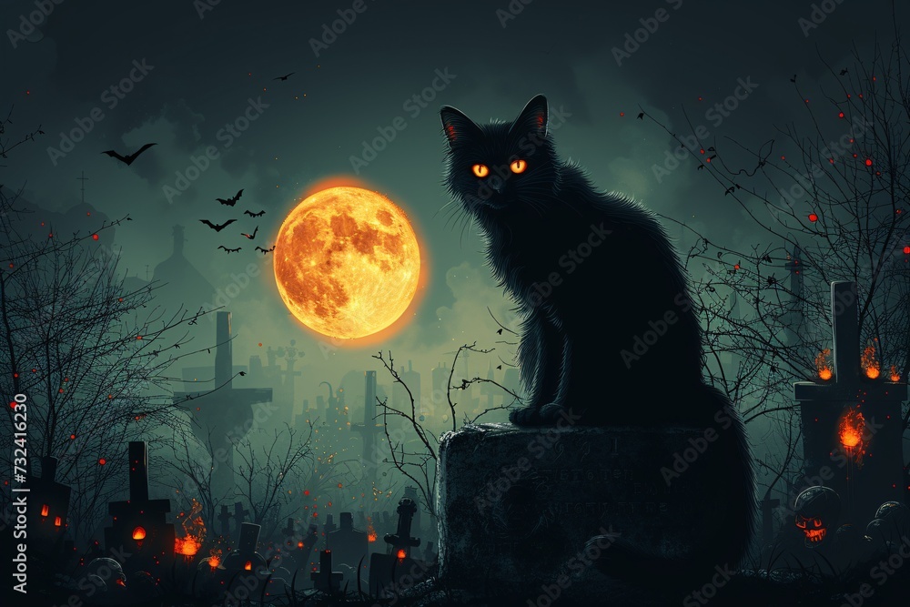 Halloween Night: A Black Cat's Eerie Encounter with a Full Moon Generative AI Halloween Night: A Black Cat's Eerie Encounter with a Full Moon Generative AI
