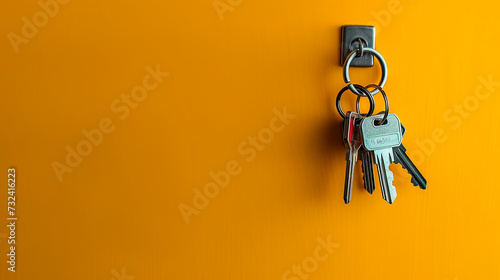 bunch of keys hanging on a yellow wall