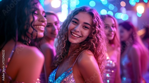 Vibrant party scene with joyful young women enjoying nightlife. colorful, festive atmosphere captured in a lively club setting. joyful celebration with friends. AI