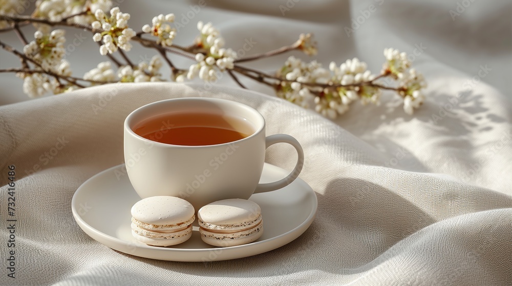 a cup of tea and macaroons in a beige tone. minimal style. a cup of tea and macaroons in a beige tone. minimal style.