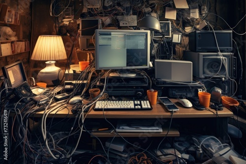 A cluttered desk with a computer monitor and keyboard. Can be used to represent a busy work environment or a messy workspace. photo