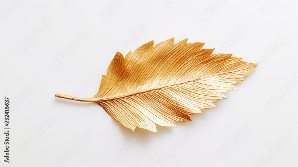 A stunning gold leaf resting on a clean, white surface. Perfect for adding a touch of elegance and luxury to any design project A stunning gold leaf resting on a clean, white surface. Perfect for adding a touch of elegance and luxury to any design project