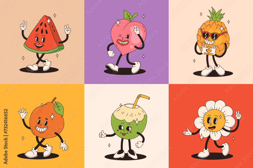 Retro groovy fruit characters. Big collection of funky happy mascots with happy smiling face.
