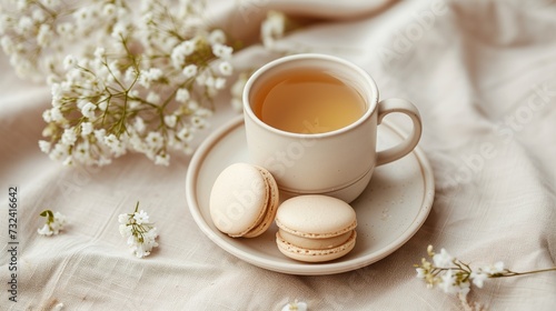 a cup of tea and macaroons in a beige tone. minimal style.