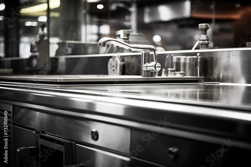 A stainless steel counter top in a commercial kitchen. Perfect for showcasing modern  sleek design. Ideal for use in restaurant  hotel  or catering promotions