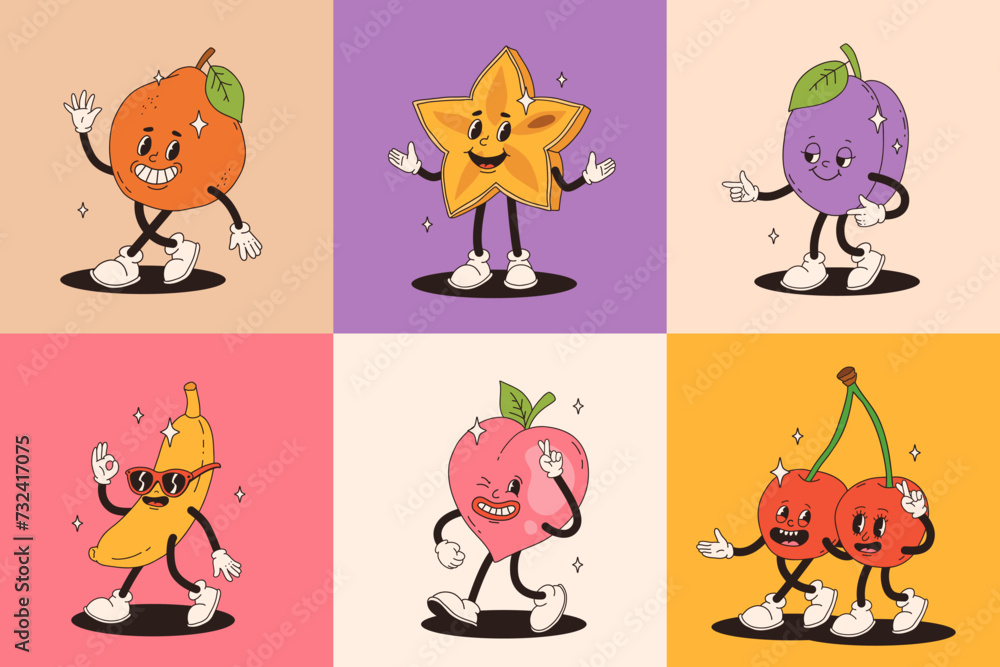 Obraz premium Retro groovy fruit characters. Big collection of funky happy mascots with happy smiling face.