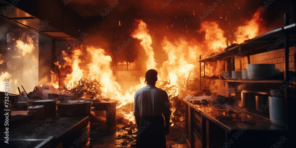 A man stands in front of a fire in a kitchen. This image can be used to depict a cooking mishap or a dangerous situation in the kitchen A man stands in front of a fire in a kitchen. This image can be used to depict a cooking mishap or a dangerous situation in the kitchen