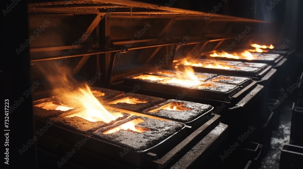 A striking image of a bunch of trays of food on fire. Perfect for adding a fiery touch to your projects and designs