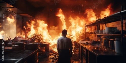 A man stands in front of a fire in a kitchen. This image can be used to depict a cooking mishap or a dangerous situation in the kitchen