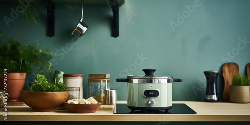 A green crock pot sitting on top of a counter. Perfect for home cooking and meal preparation photo